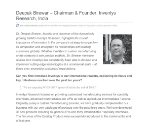 Interview Pharma Boardroom- Dr Deepak Birewar Chairman Inventys Research Company (August 2018)